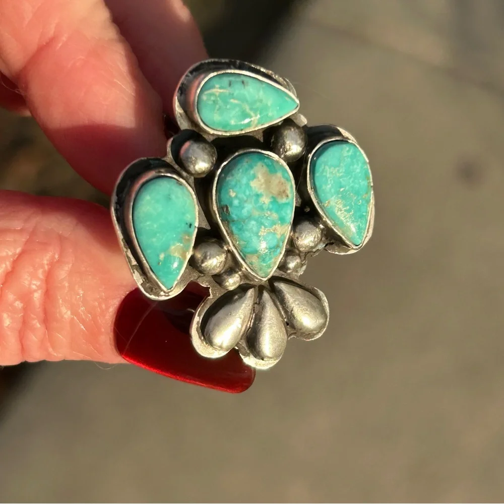 Russell Sam Native American White Water Turquoise Sterling Statement Ring - Picture 2 of 14